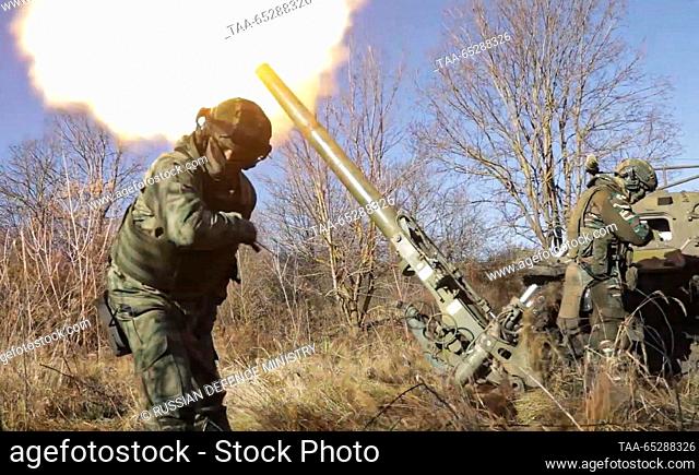 NOVEMBER 27, 2023: A 2S4 Tyulpan 240mm self-propelled mortar of the Zapad group of forces is engaged in the Kupyansk direction of a special military operation
