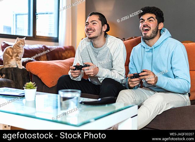 Young men playing video game while sitting on sofa at home