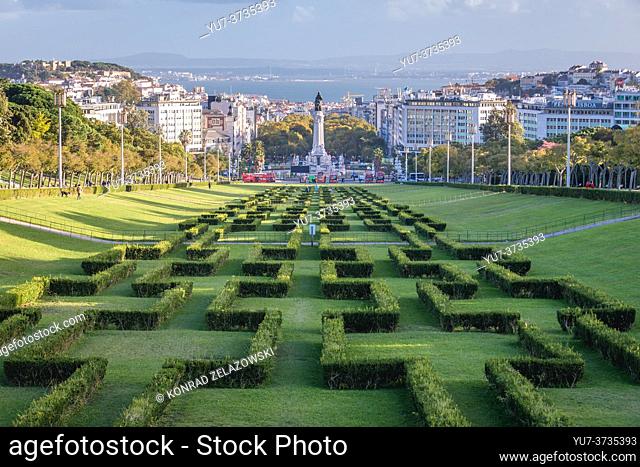 Aerial view from the top of Eduardo VII Park in Lisbon city, Portugal