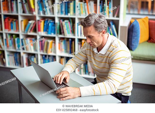 Attentive school teacher using laptop in library