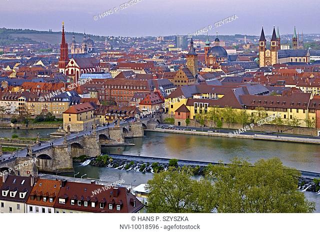 City panorama with St. Mary's Chapel, Old Main Bridge, Collegiate church Neumünster, City Hall Grafeneckart and Cathedral in Würzburg, Lower Franconia, Bavaria