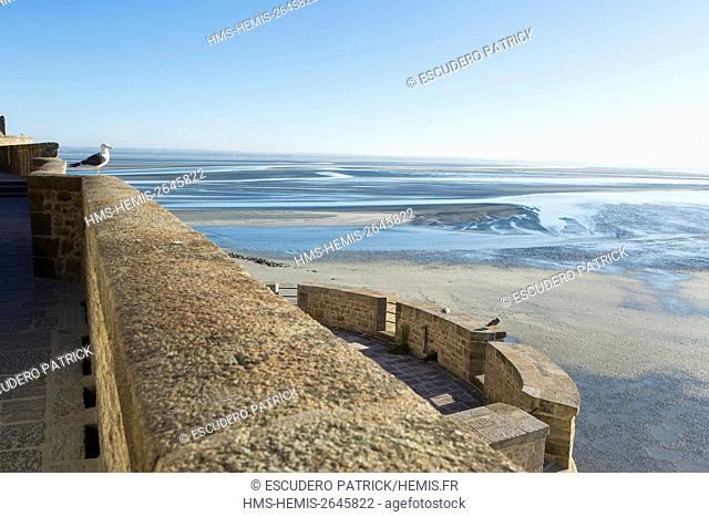 France, manche, Mont Saint Michel Bay listed as World Heritage by UNESCO, view of the bay from the rampart walk