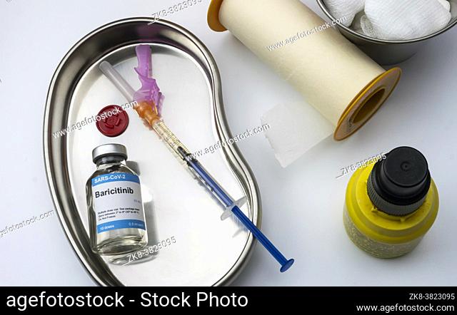 Medication prepared for people affected by Covid-19, baricitinib as a treatment for patients infected in experimental use, conceptual image
