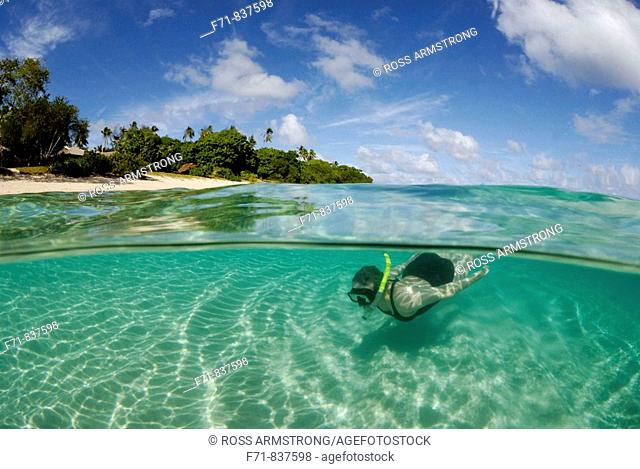 Middle aged women in one piece swim suit snorkelling over sandy on tropical beach. Ha`apai Group, Tonga. South Pacific Ocean