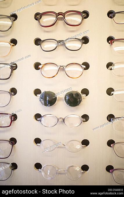 Stockholm, Sweden A display of eyeglasses and frames in an optician store