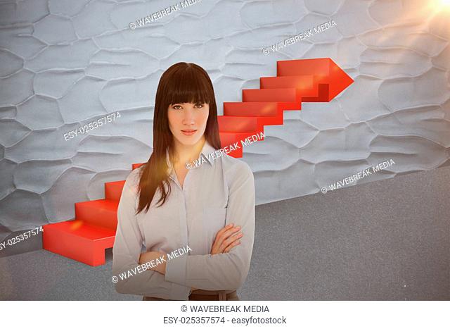 Composite image of woman in her office with her arms crossed 3d