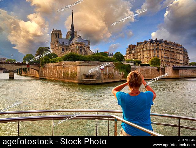 Notre Dame cathedral. Cruise on the Seine River. Paris. France. Europe