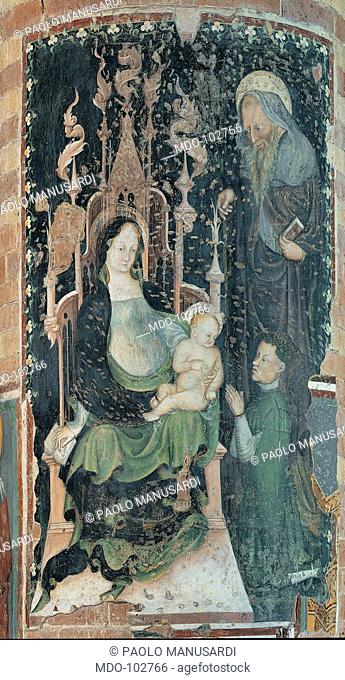Madonna and Child Enthroned with St Anthony and Donor, by circle Michelino da Besozzo, 15th Century, fresco. Italy; Lombardy; Lodi; San Francesco Church;