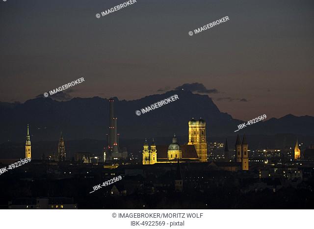 View over Munich with Church of Our Lady, Theatine Church, Ludwigskirche, in the back Zugspitze at evening mood, Munich, Upper Bavaria, Bavaria, Germany, Europe
