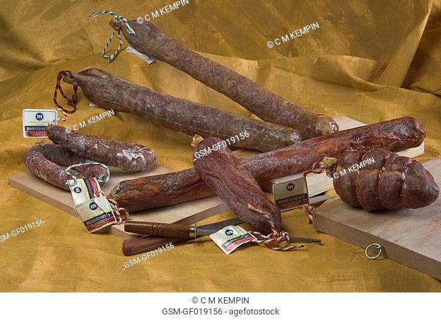 Still-life of Montesano sausages and cold cuts