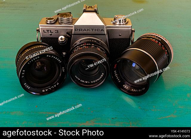 Vintage, Analog Practica TLT Camera with Lenses, build inside the GDR during the 1970's. Tilburg, Netherlands