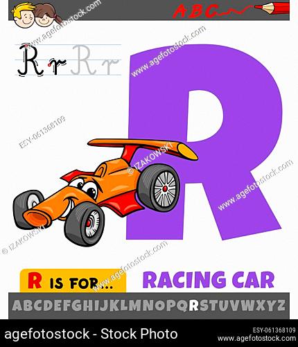 Educational cartoon illustration of letter R from alphabet with racing car character