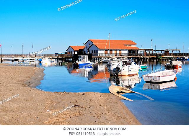 Los Alcazares beach and harbor. Fishing village on the western side of the Mar Menor in the autonomous community and province of Murcia, southeastern Spain