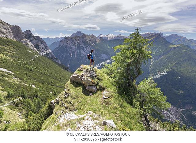 Europe, Italy, Veneto, Agordino, Dolomites, hiker on the path CAI 571 of Pelsa mount, Civetta goup