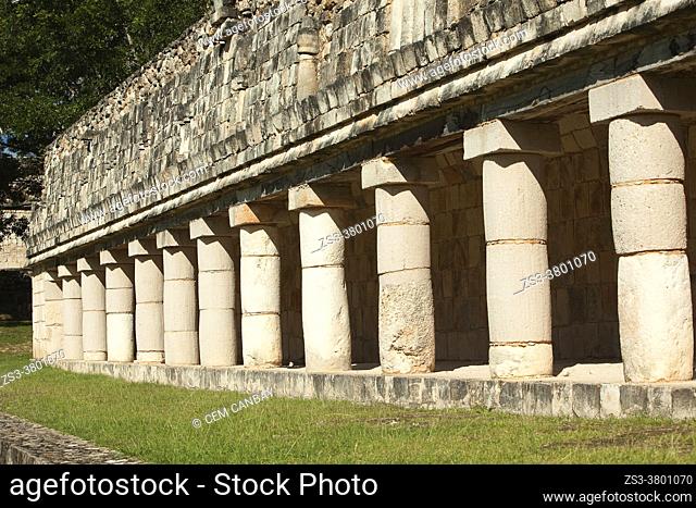 View to the Columns Building or House Of The Iguana at the Prehispanic Mayan Archaeological Site Uxmal in the Puuc Route, Merida, Yucatan State, Mexico