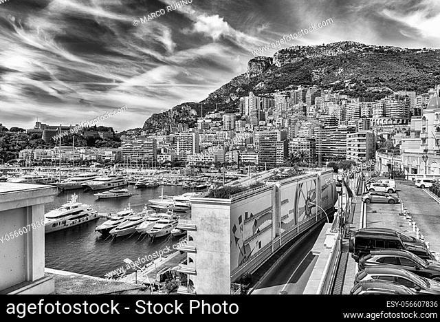View over luxury yachts and apartments of Port Hercules in La Condamine district, city centre and harbour of Monte Carlo, Cote d'Azur, Principality of Monaco