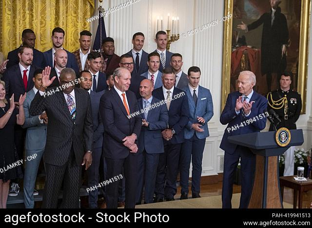 United States President Joe Biden welcomes the Houston Astros to the East Room of the White House to honor their 2022 World Series victory, in Washington, DC