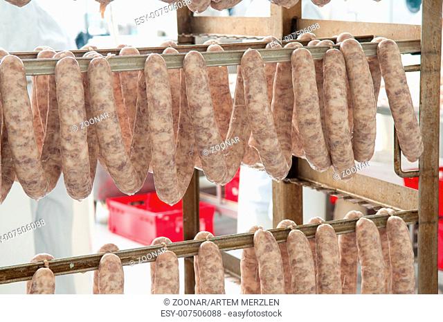 sausage hanging in the warehouse