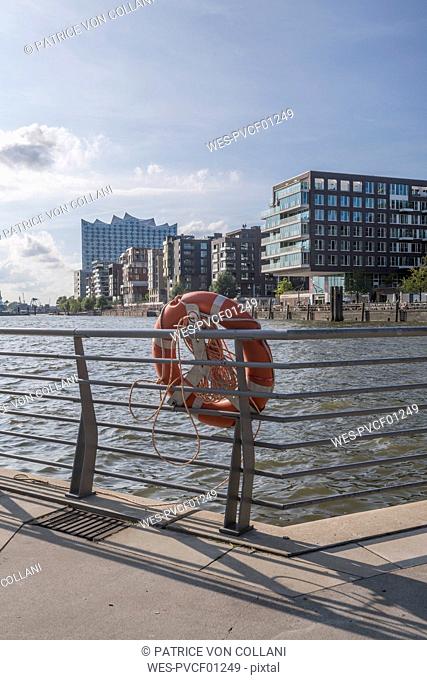 Germany, Hamburg, Grasbrook Harbour, lifesaver in the foreground