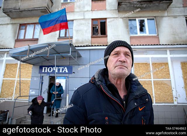 RUSSIA, SEVERODONETSK - FEBRUARY 20, 2023: People are seen by a post office. The Lugansk People's Republic acceded to Russia as a result of a referendum held on...