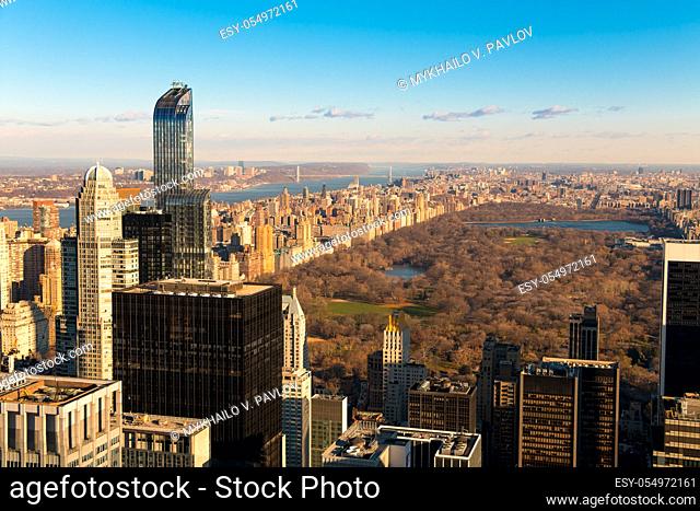 USA. New York City. View from a skyscraper of Central Park. Early spring