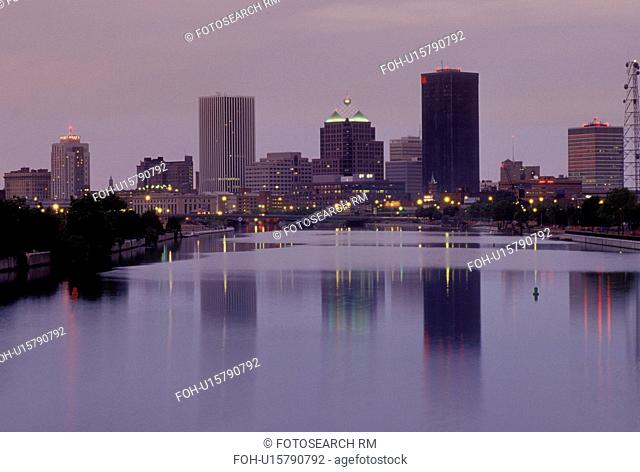 Rochester, NY, New York, Reflection of the skyline of downtown Rochester in the Genesee River in the evening