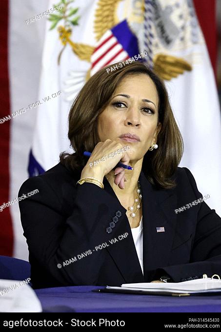 Vice President Kamala Harris listens as panelists speak during a roundtable for the National Space Council Meeting at the NASA Johnson Space Center in Houston
