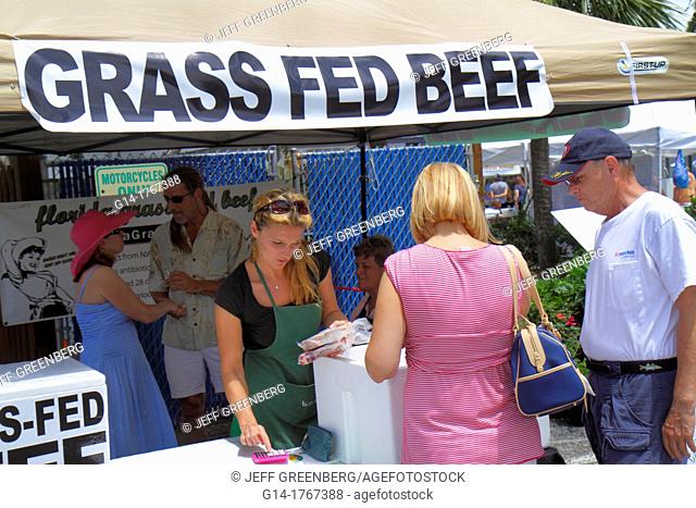 Florida, Stuart, Green Market, farmers market, shopping, for sale, vendor, grass fed organic beef, customer, woman, man, couple