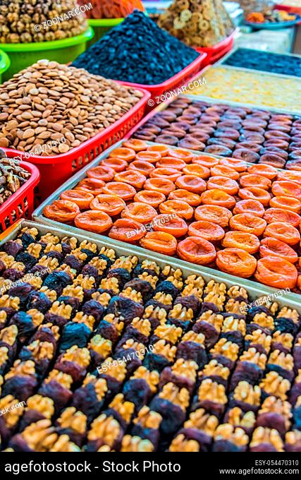 Dried food products sold at the Siab Bazaar in Samarkand, Uzbekistan
