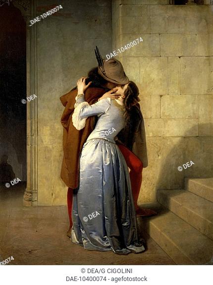 The Kiss, 1859, by Francesco Hayez (1791-1882), oil on canvas, 112x88 cm.  Milan, Pinacoteca Di Brera (Art Gallery, Paintings)