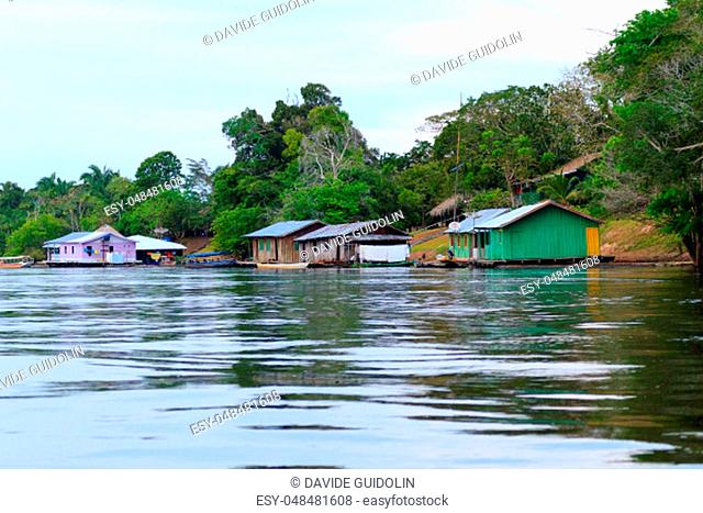 Houses along the Amazonas river. Brazilian wetland region. Navigable lagoon. South America landmark
