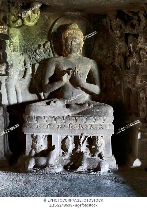 Cave 12 Second Floor : Right wall – Fifth Aisle : Buddha in Padmasana At each end of the aisle are Buddha images. There are a total of nine Buddha images Four...