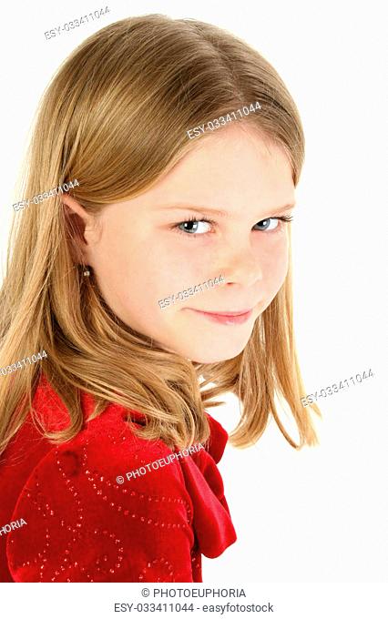 Beautiful 10 year old girl in red velvet dress. Blonde hair blue eyes,  Stock Photo, Picture And Low Budget Royalty Free Image. Pic. ESY-033411044  | agefotostock