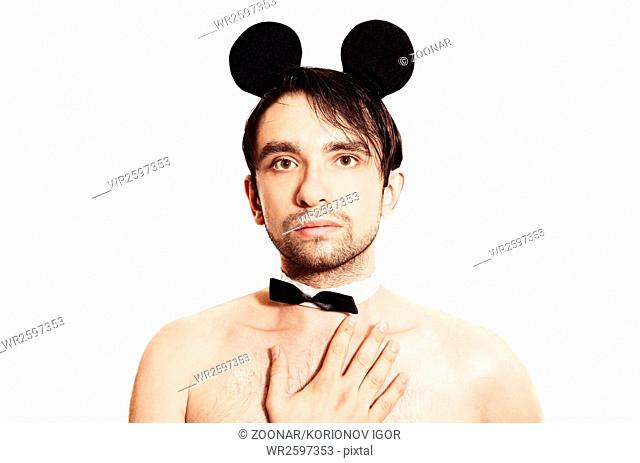 man with a sham mouse ears on white background