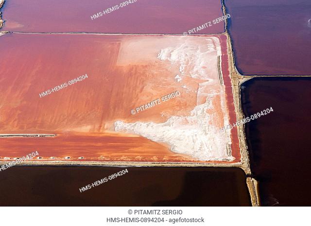Namibia, Erongo Region, Namib Desert, Skeleton Coast, Walvis Bay, Salt Evaporation Ponds (aerial view)