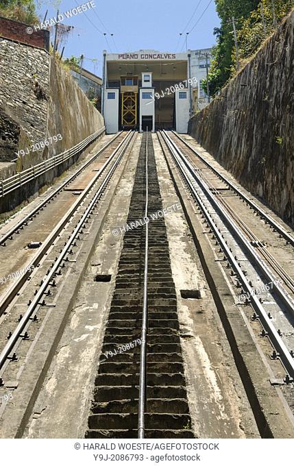 Brazil, Bahia, Salvador: The Plano Inclinado Goncalves (Goncalves Funicular Railway) provides a convenient way to travel between the Comercio neighbourhood and...