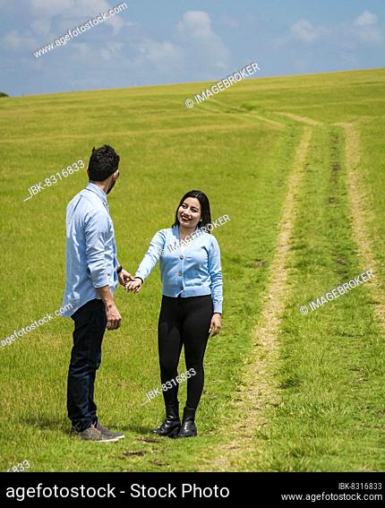Beautiful couple holding hands looking at each other in the field, two lovers in the field holding hands, two people holding hands in the field