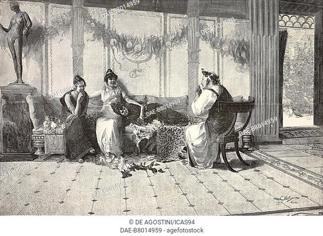 A Story, an old man telling a story to three young women, Ancient Rome, engraving by Ernesto Mancastroppa from a painting by Ettore Forti (1850-1940)