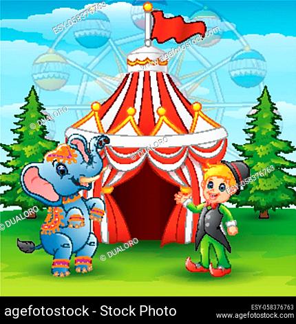 Vector illustration of Circus elephant and green elf on the circus tent background
