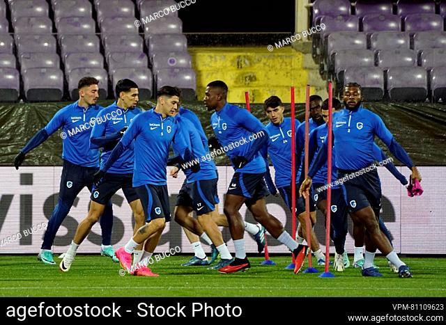 Genk's players pictured during a training session of Belgian soccer team KRC Genk, on Wednesday 29 November 2023 in Firenze, Italy