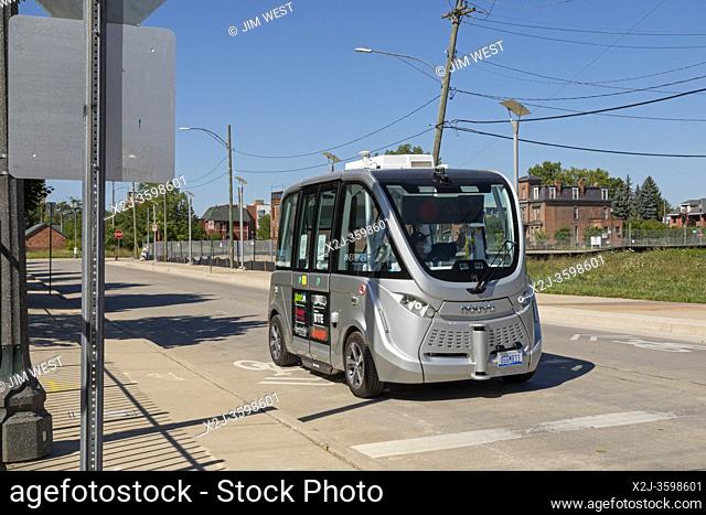 Detroit, Michigan - A free self-driving shuttle, taking elderly and low-income residents of two housing developments to doctors' appointments at the Detroit...