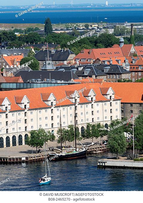 apartments and boat in the Christianshavn harbour area, Copenhagen, Denmark