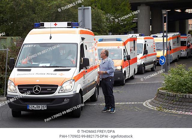 Ambulances lined up in front of the Bruederkrankenhaus hospital inÂ Koblenz, Germany, 02 September 2017. Some 21, 000 local residents are to be evacuated on the...