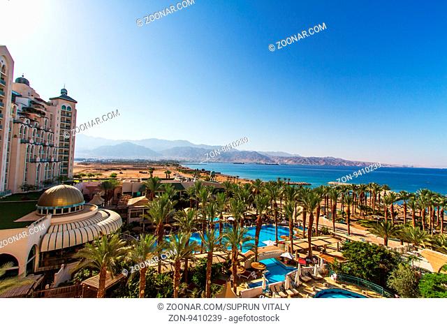 Eilat, Israel - July 3, 2016: Panoramic view on the central beach of Eilat - famous resort and recreational city in Israel