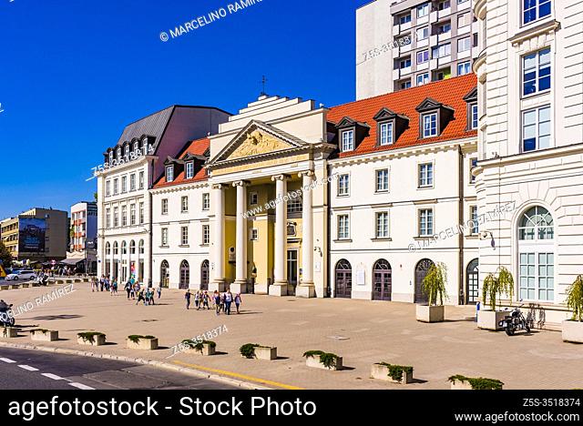 Grand Theater Square, Senatorska street, with the Church of St. Andrew the Apostle and St. Brother Albert. Warsaw, Poland, Europe