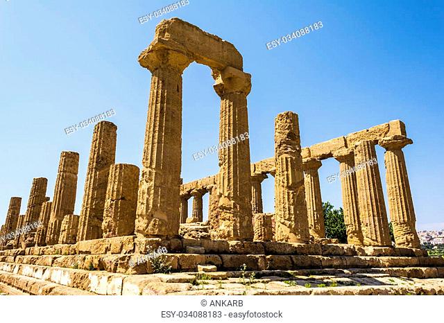 Ancient greek Temple of Juno Hera God, Agrigento, valley of temples, Sicily, Italy