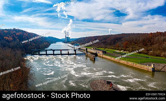 Aerial drone view of the Fort Martin coal powered power station near Morgantown in West Virginia in the late autumn