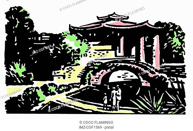 A vintage illustration of Japanese gardens
