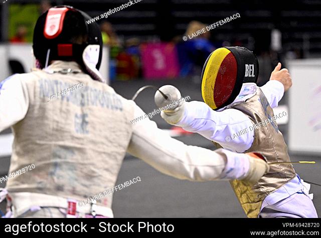Fencing Athlete Stef De Greef pictured in action during a fight in the men's foil competition, at the European Games in Krakow, Poland on Monday 26 June 2023