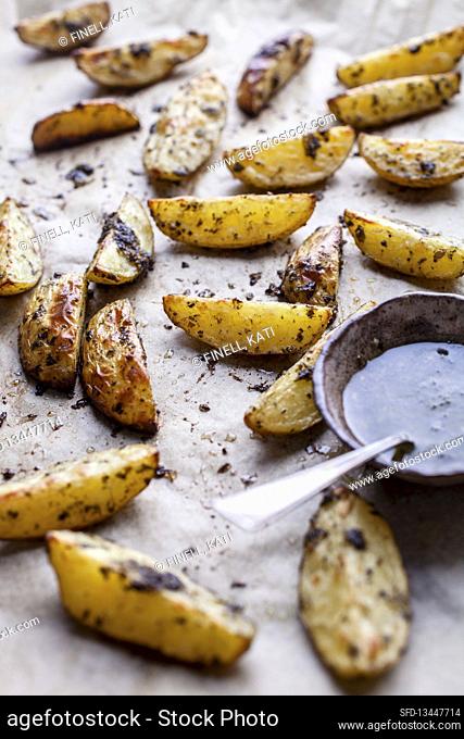 Baked potatoes with herb oil and mayonnaise